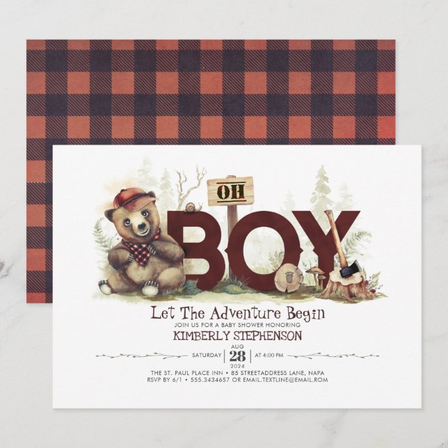 Lumberjack Baby Shower Woodland Little Bear Cub Invitation (Front/Back)