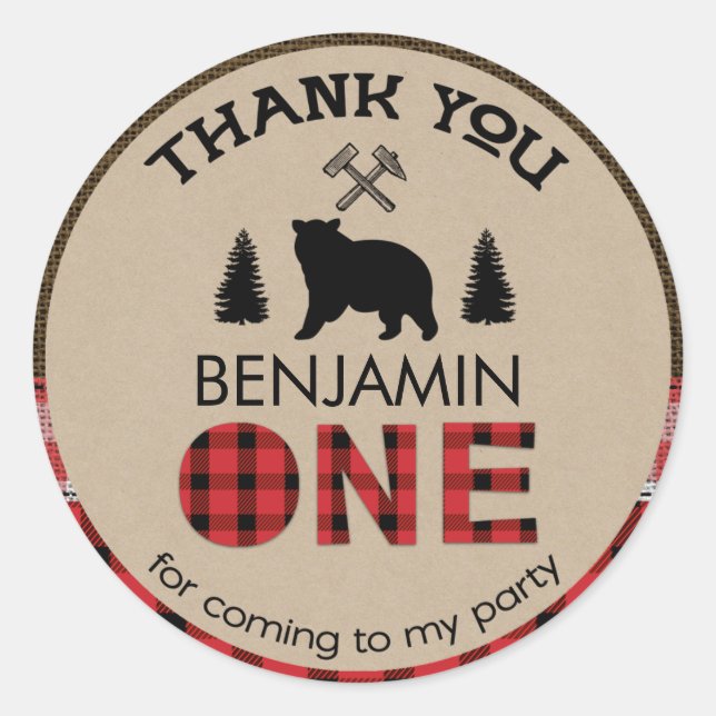 Lumberjack Bear 1st Birthday Favour Sticker (Front)