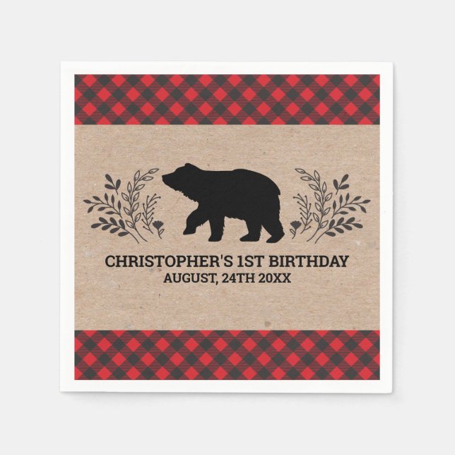 Lumberjack Bear 1st Birthday Party Napkin (Front)