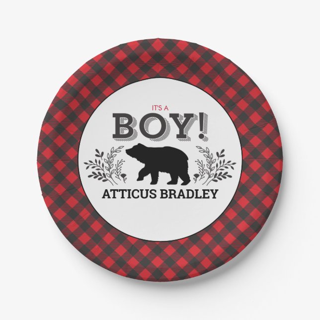 Lumberjack Bear Baby Boy Shower Plate (Front)