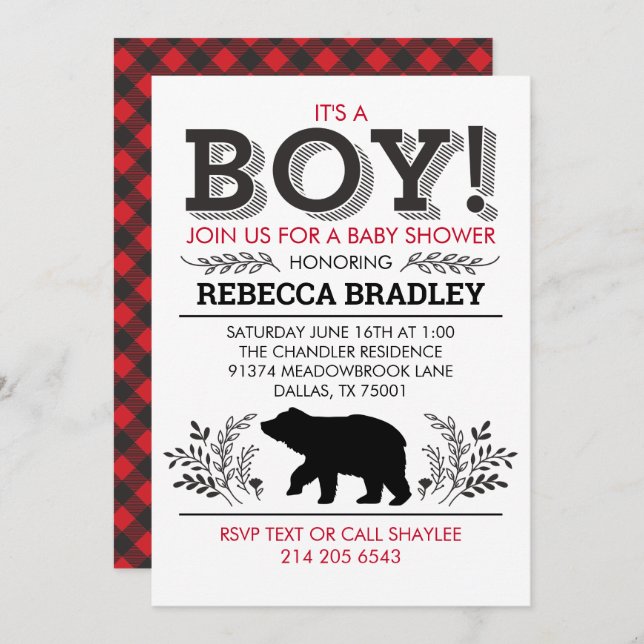 Lumberjack Bear Baby Shower Invitation (Front/Back)