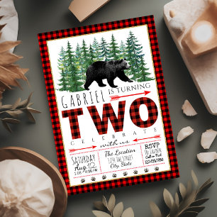 Lumberjack Bear Boy 2nd Birthday Party Invitations