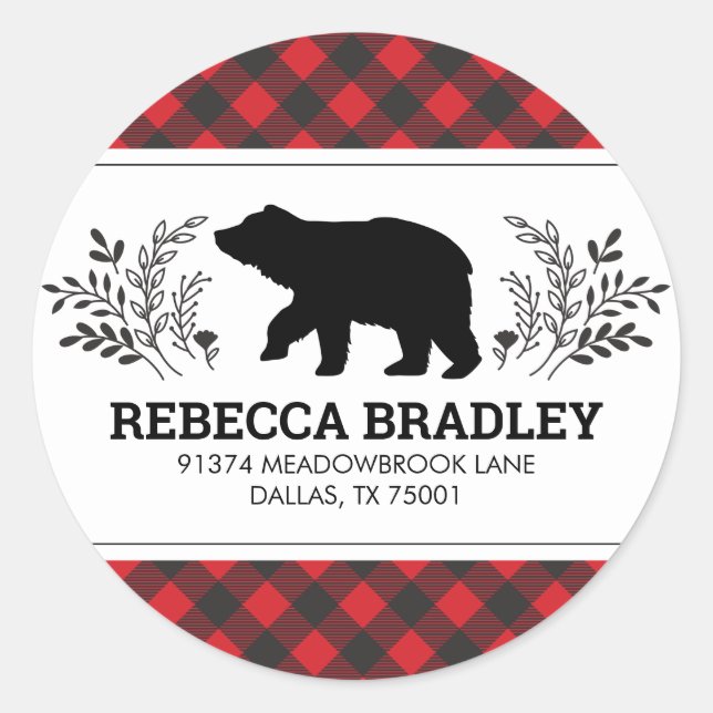 Lumberjack Bear Buffalo Plaid Return Address Classic Round Sticker (Front)