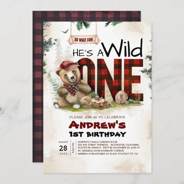 Lumberjack Bear First Birthday Party Invitation (Front/Back)