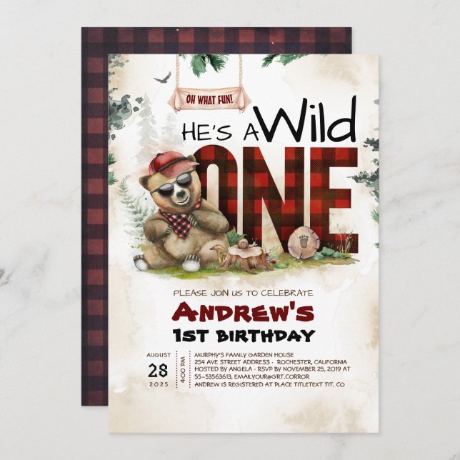Lumberjack Bear First Birthday Party Invitation (Front/Back)