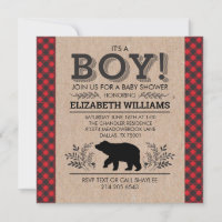 Lumberjack bear Flannel Rustic Boy Baby Shower Inv