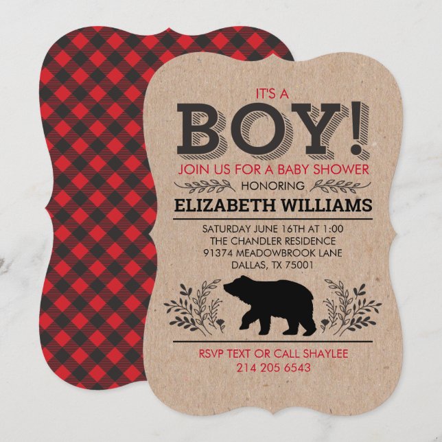 Lumberjack bear Flannel Rustic Boy Baby Shower Inv Invitation (Front/Back)