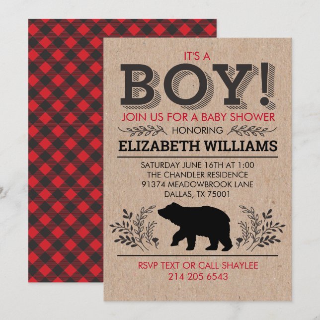 Lumberjack bear Flannel Rustic Boy Baby Shower Invitation (Front/Back)