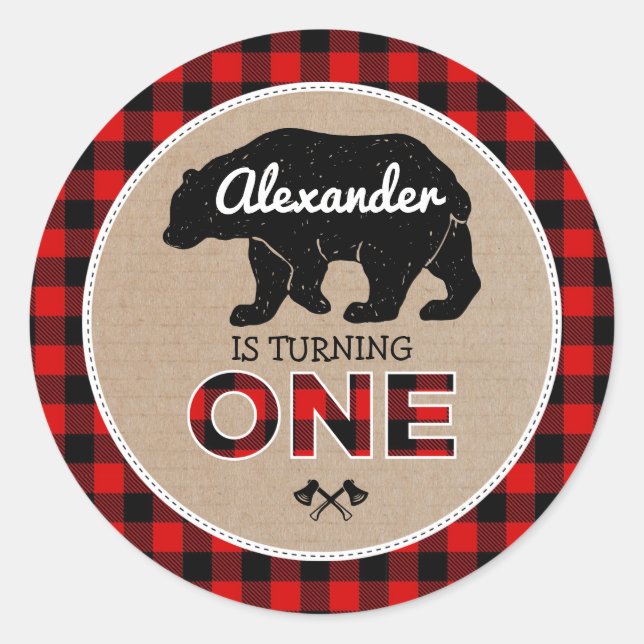 Lumberjack Bear Flannel Wild One 1st Birthday Classic Round Sticker (Front)
