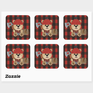 Lumberjack Bear in Diapers Baby Boy 3 Inch Square Sticker