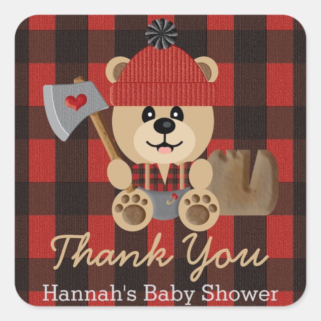Lumberjack Bear in Diapers Baby Shower Thank You Square Sticker (Front)