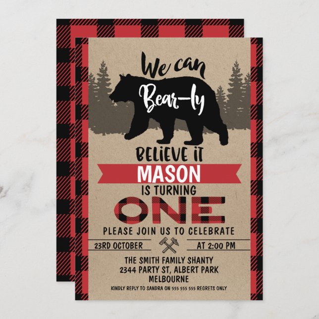 Lumberjack Bear-ly Believe 1st Birthday Invitation (Front/Back)
