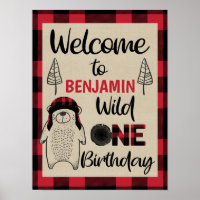 Lumberjack bear plaid wild one birthday welcome