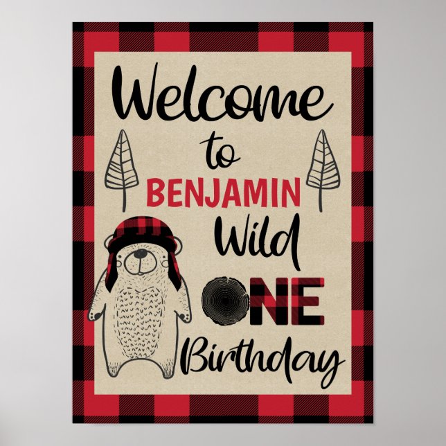 Lumberjack bear plaid wild one birthday welcome poster (Front)
