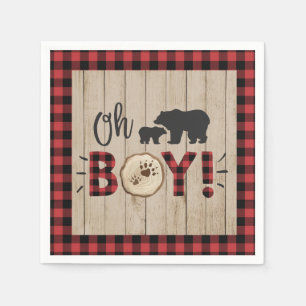 Lumberjack Bear Red Black Plaid Baby Shower Boy Napkin