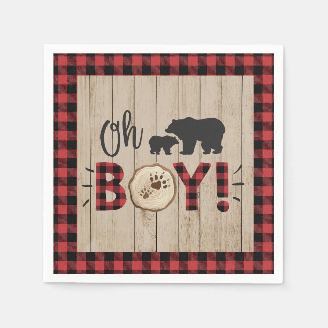 Lumberjack Bear Red Black Plaid Baby Shower Boy Napkin (Front)