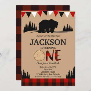 Lumberjack Bear Rustic 1st Birthday Invitation