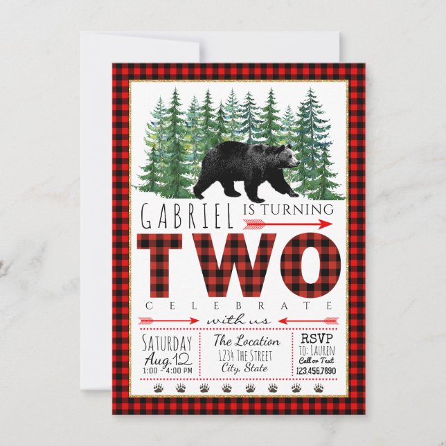 Lumberjack Bear Second Birthday Party Invitations (Front)