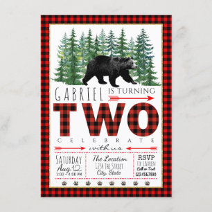 Lumberjack Bear Second Birthday Party Invitations