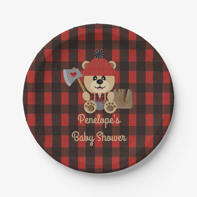 Lumberjack Bear Wilderness Theme Baby Shower Paper Plate (Front)