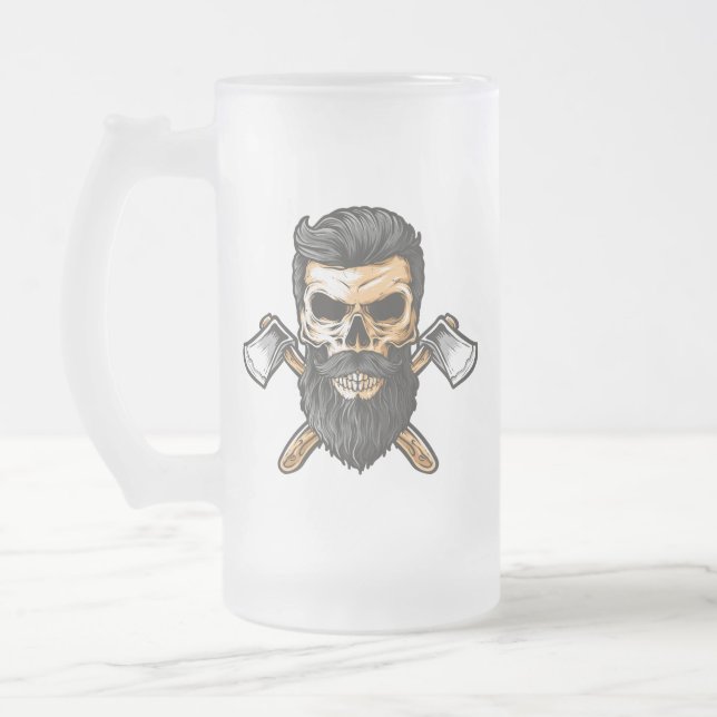 Lumberjack Bearded Skull Crossed Axes Frosted Glass Beer Mug (Left)