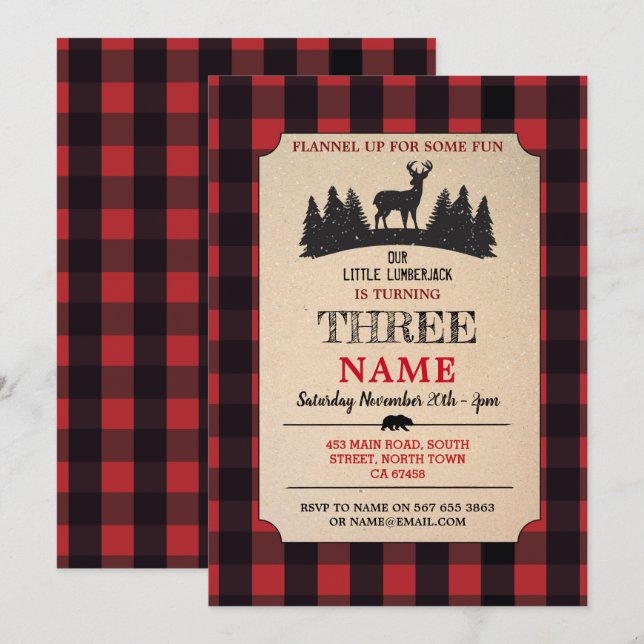Lumberjack Birthday ANY AGE Red Flannel Invite (Front/Back)