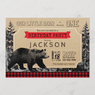 Lumberjack Birthday Buffalo Plaid Little Bear Invitation
