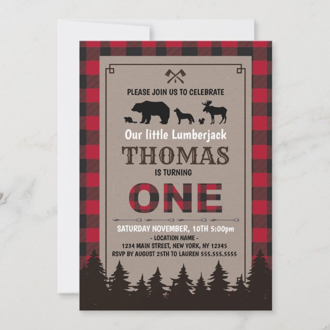 Lumberjack birthday invitation flannel forest (Front)