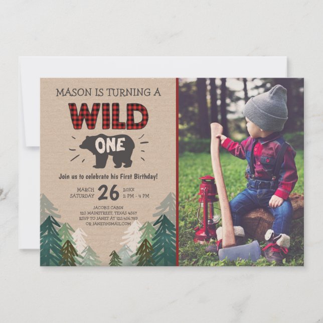 Lumberjack Birthday Invitation Wild One Forest (Front)