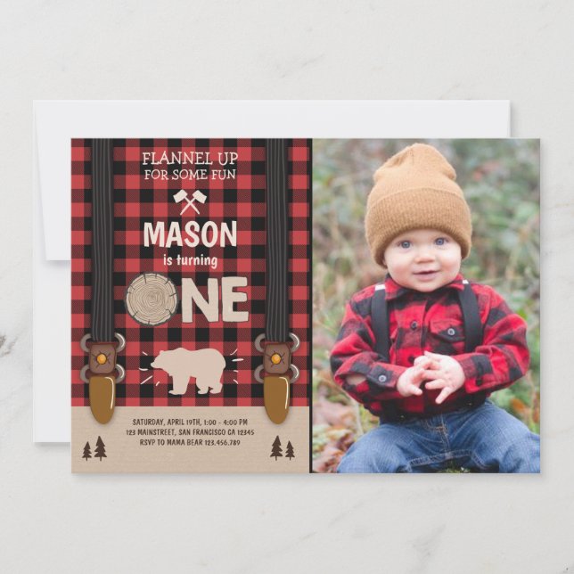 Lumberjack Birthday Invitation Woodland Plaid Red (Front)