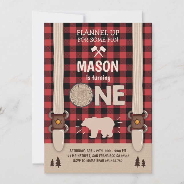 Lumberjack Birthday Invitation Woodland Plaid Red (Front)