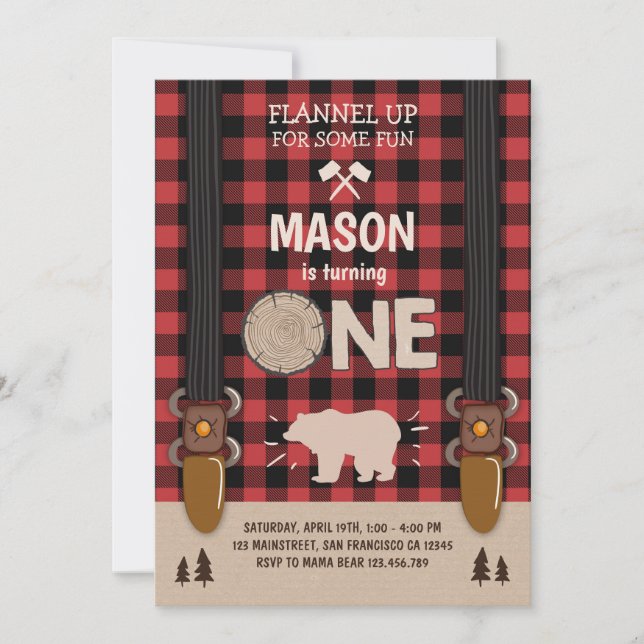 Lumberjack Birthday Invitation Woodland Plaid Red (Front)