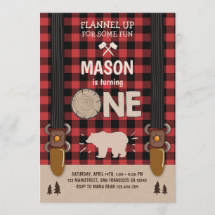 Lumberjack Birthday Invitation Woodland Plaid Red
