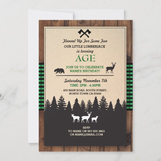 Lumberjack Birthday Invite ANY AGE Green Invite (Front)