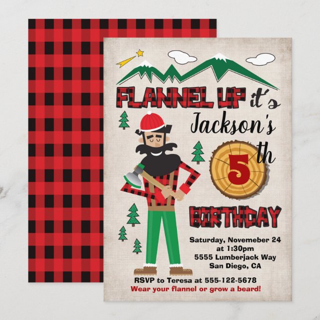 Lumberjack Birthday Party Flannel Forest Invitation (Front/Back)
