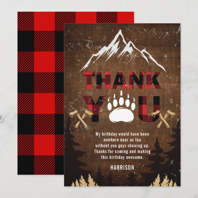 Lumberjack Birthday Wood Thank You Card (Front/Back)