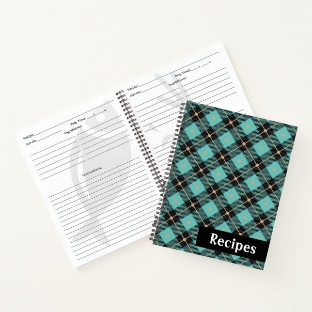 Lumberjack Black Aqua Plaid Pattern Recipe Notebook (Inside)