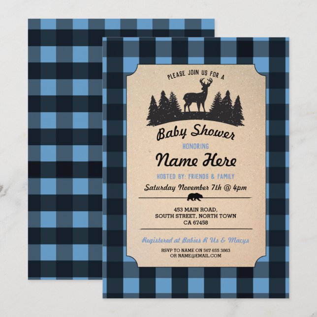 Lumberjack Blue Baby Shower Woodland Invite (Front/Back)