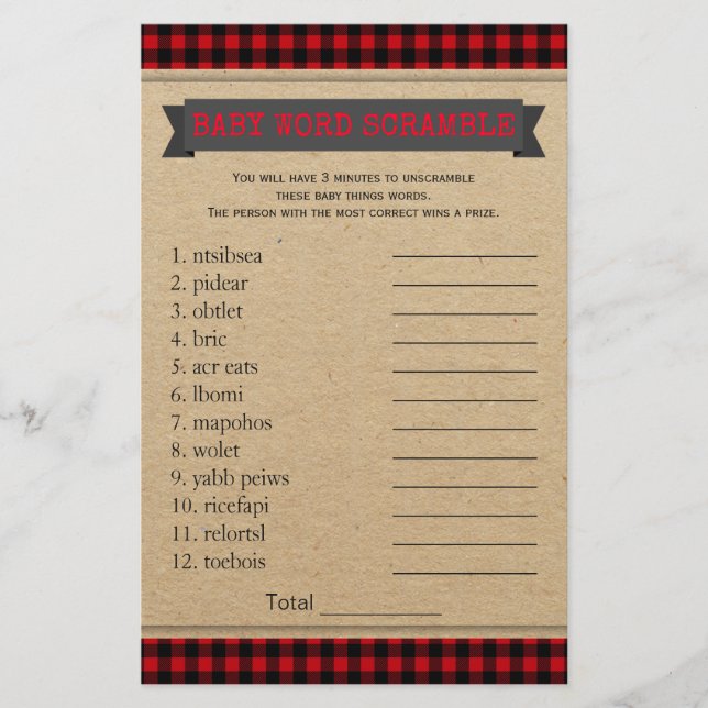 Lumberjack Boho Baby Shower Games Word Scramble (Front)
