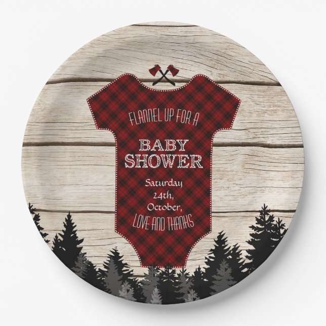 Lumberjack Buffalo Baby Suit Wood Baby Shower Paper Plate (Front)