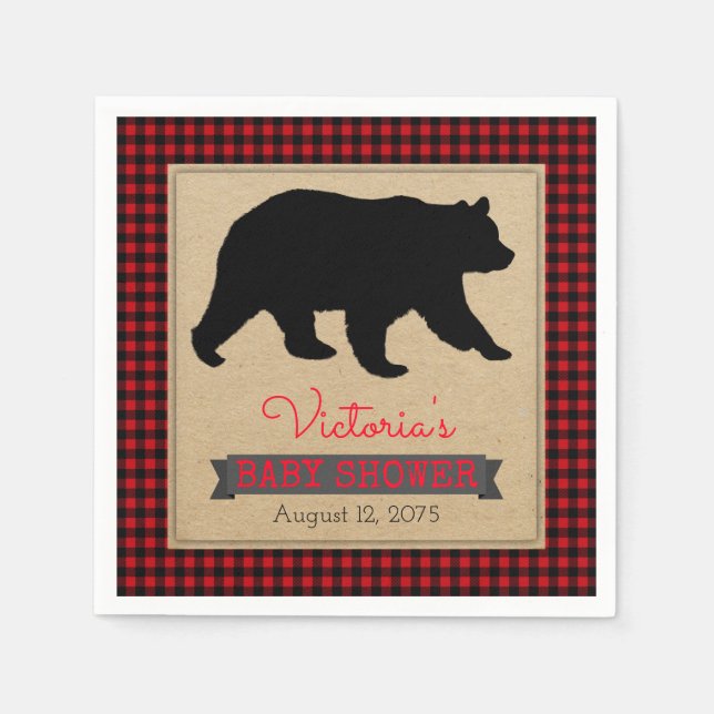 Lumberjack Buffalo Plaid Bear Baby Shower Napkin (Front)