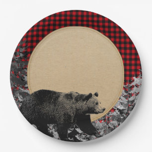 Lumberjack Buffalo Plaid Bear Rustic Cabin Paper Plate