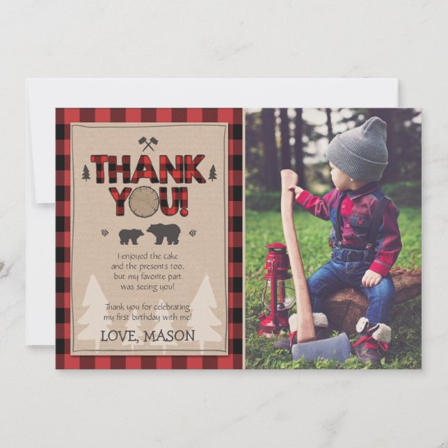 Lumberjack Buffalo Plaid Birthday Thank You Card (Front)