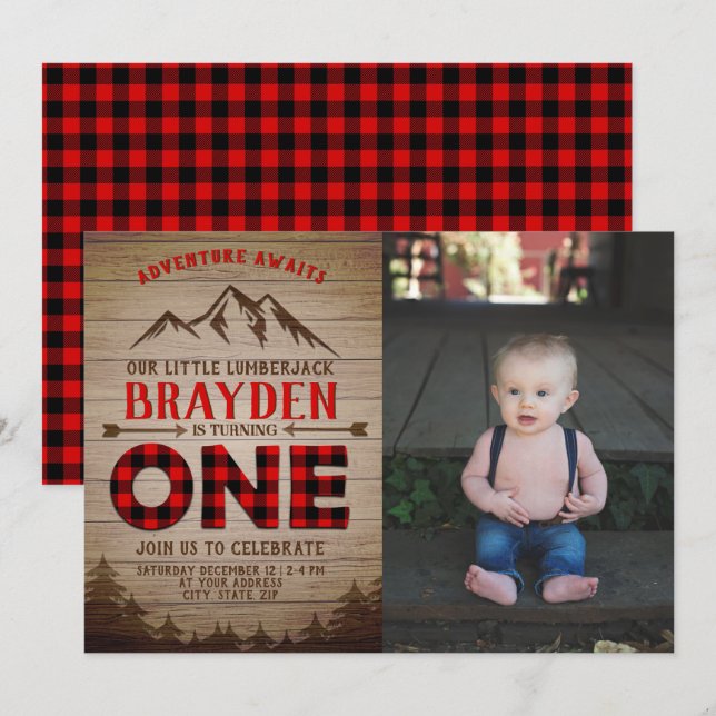 Lumberjack Buffalo Plaid Boys First Birthday Photo Invitation (Front/Back)