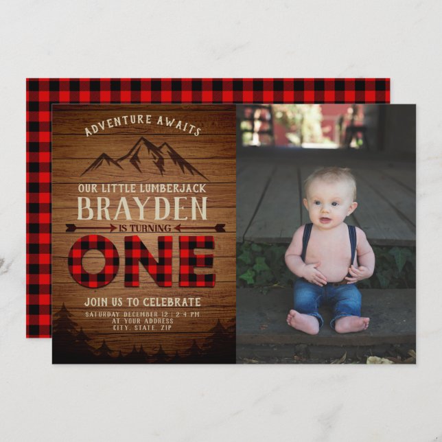 Lumberjack Buffalo Plaid First Birthday Photo Invitation (Front/Back)