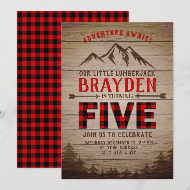 Lumberjack Buffalo Plaid Outdoor Fifth Birthday Invitation (Front/Back)