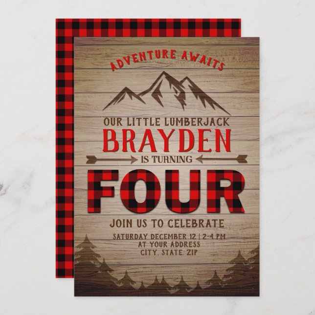 Lumberjack Buffalo Plaid Outdoor Fourth Birthday Invitation (Front/Back)