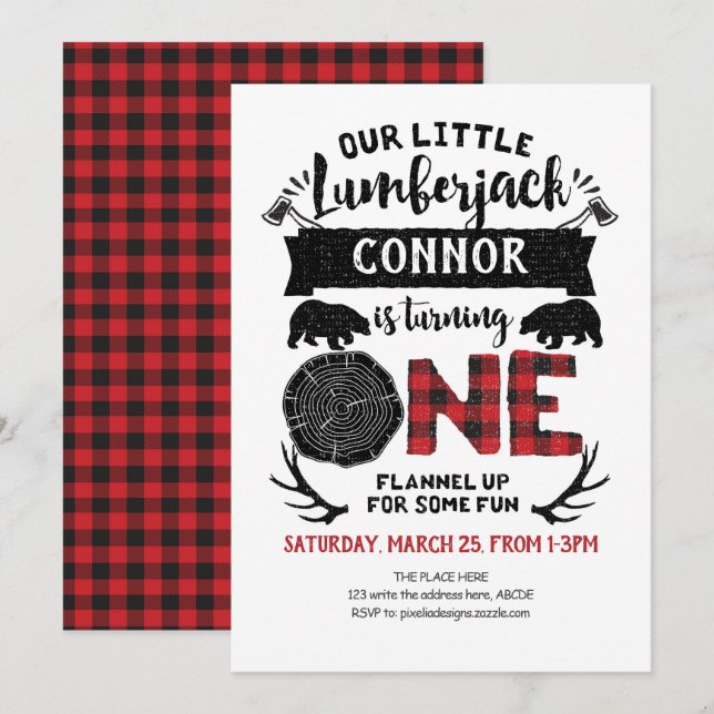 Lumberjack, Buffalo Plaid, Woodland, 1st Birthday Invitation (Front/Back)