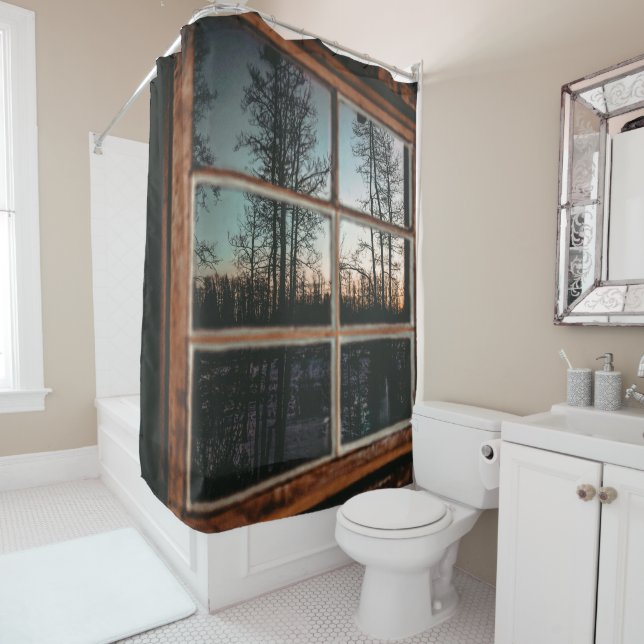 Lumberjack Cabin Window // Grainy Sunset Shower Curtain (In Situ)