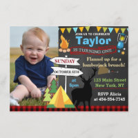 Lumberjack Camping first birthday party invitation